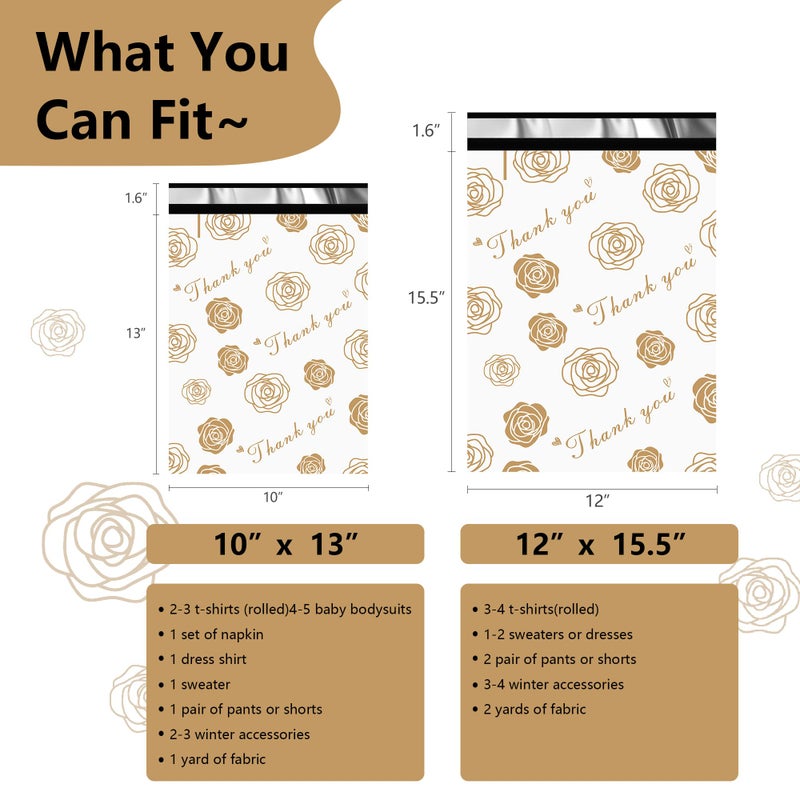 Vapulcio Thank You Poly Mailers 10x13 Inch 25 Pcs - Gold Rose Printed Shipping Bags for Clothing - Waterproof and Tear Resistant Mailing Envelopes - Self-Sealing Packaging Bags for Small Business - Image 2